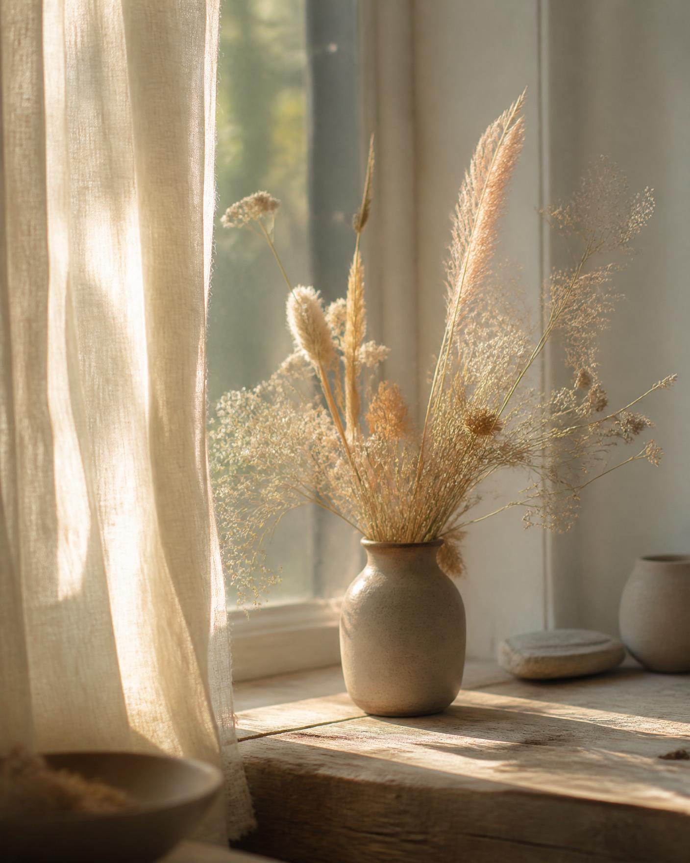 Warm sunlit window with dried grasses in a ceramic vase